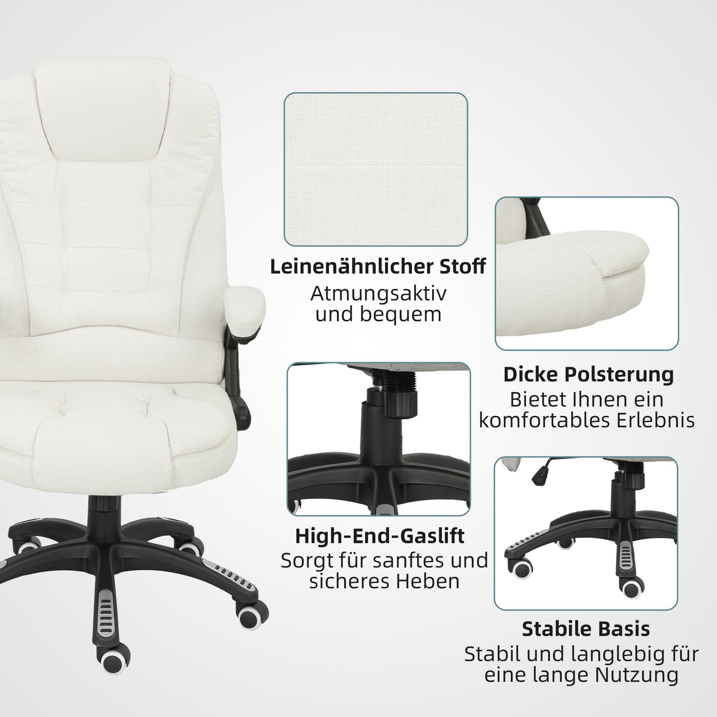 Vinsetto Ergonomischer Schreibtischstuhl mit Massagefunktion, 68 x 72 x 110–120 cm, Cremeweiß