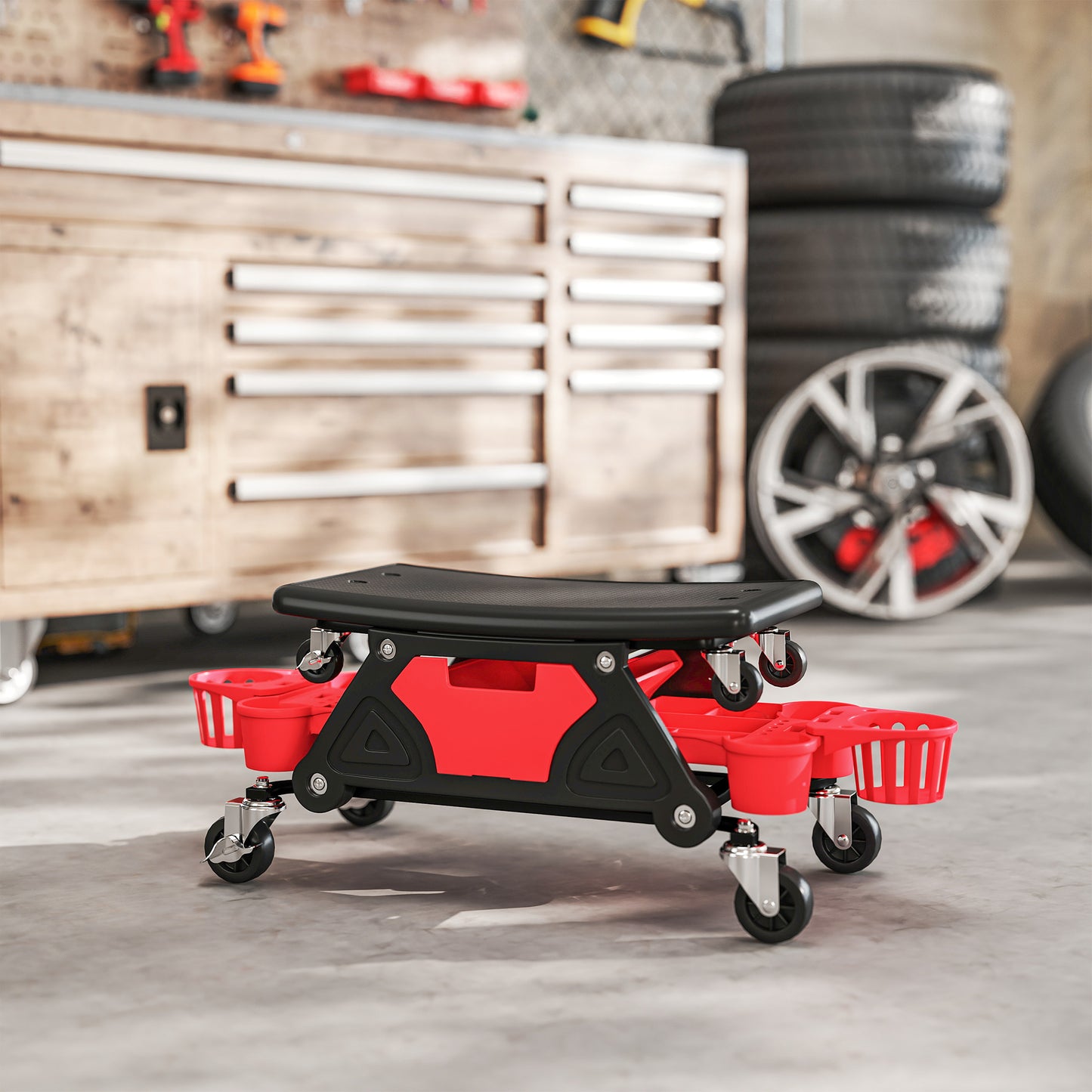 HOMCOM Werkstatthocker mit Rollen abnehmbar Sitz، Ablagefläche، 33cm hoch Rollhocker bis 135kg beastbar Rot