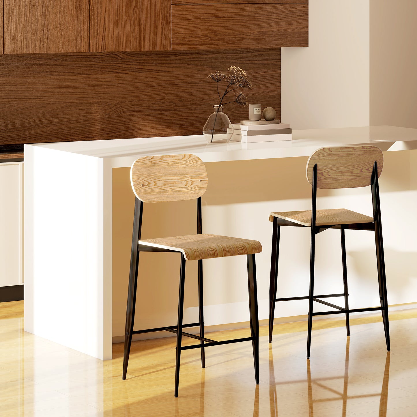 HOMCOM 2er-Set Barhocker, Barstühle mit Rückenlehne und Metallgestell, Holz, Hellbraun