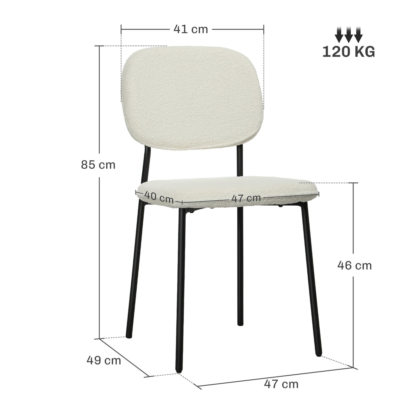 HOMCOM 4er-Set Esszimmerstühle, weicher Stoffbezug, Stahlbeine, armloses Design, Weiß