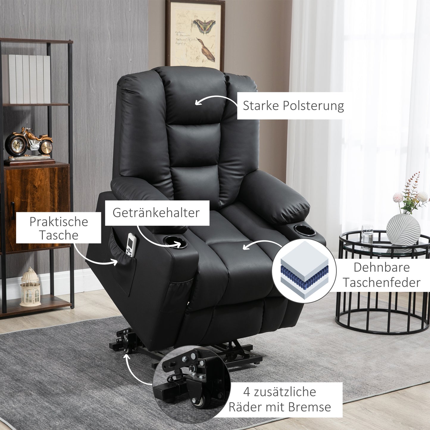 HOMCOM Relaxsessel mit Aufstehhilfe, USB, Massagefunktion, Kunstleder, bis 150 kg, 90x98x102 cm, Schwarz