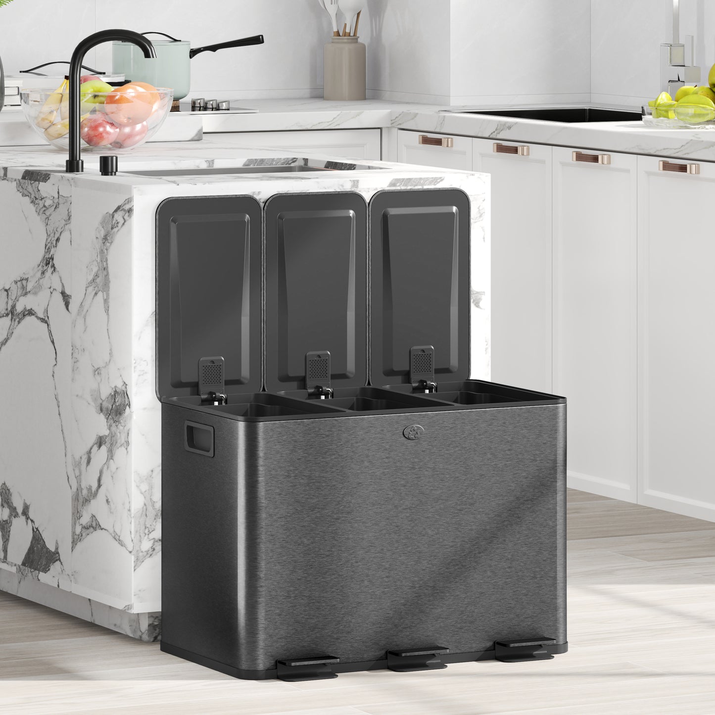 HOMCOM Mülleimer mit 3 x 20 L Fächern, Deodorant-Deckel, fingerabdrucksicher, Soft-Close, herausnehmbar, Schwarz