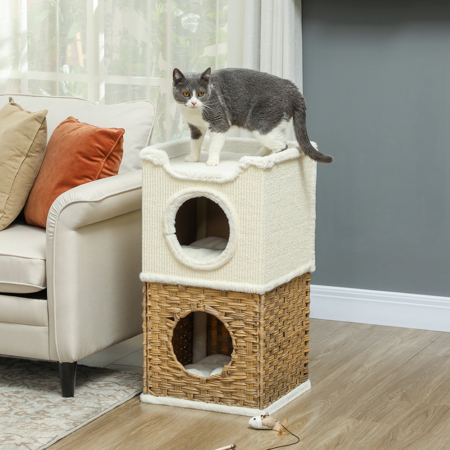 PawHut Kratztonne 75,5 cm Hoch dreistöckige mit Plüschrand, Kissen, Katzenhöhle, für mittelgroße Katzen, Cremeweiß