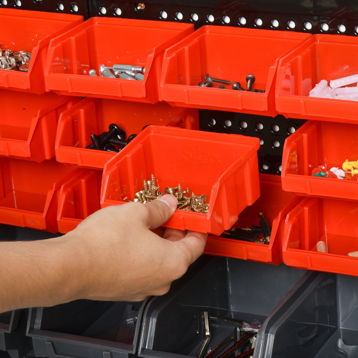 DURHAND Aufbewahrungs-System Wandregal mit Stapelboxen, 30 Boxen, 2 Lochplatten, 37,5 cm x 18 cm x 63 cm, Rot + Grau+ Schwarz