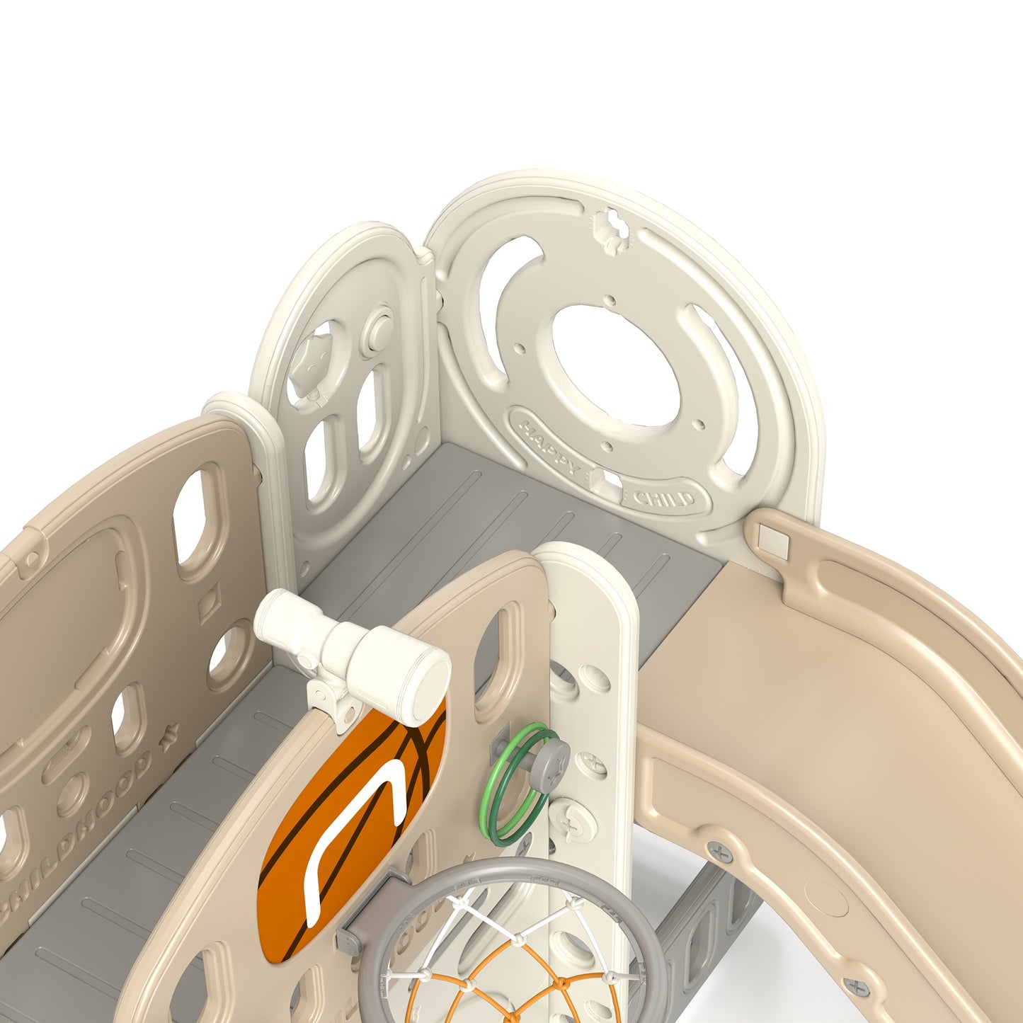 AIYAPLAY Kinder-Spielgerüst, 7-in-1 Rutsche, Indoor Spielplatz mit Stauraum und Krabbeltunnel, 186x153x111 cm, Cremeweiß