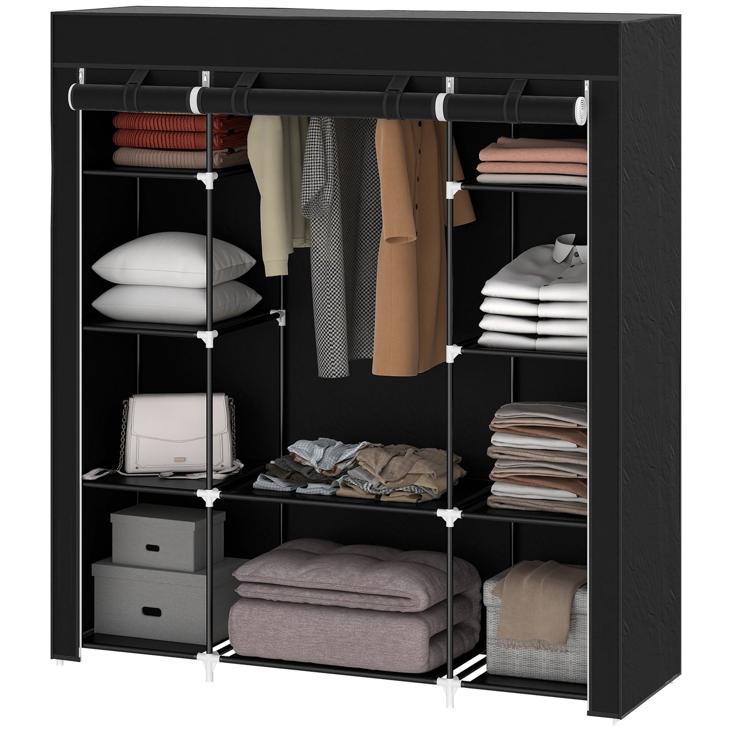 HOMCOM Stoffschrank aus Vlies, Faltschrank, 1 Kleiderstange, 9 Regale, 150 cm x 43 cm x 162,5 cm, Schwarz