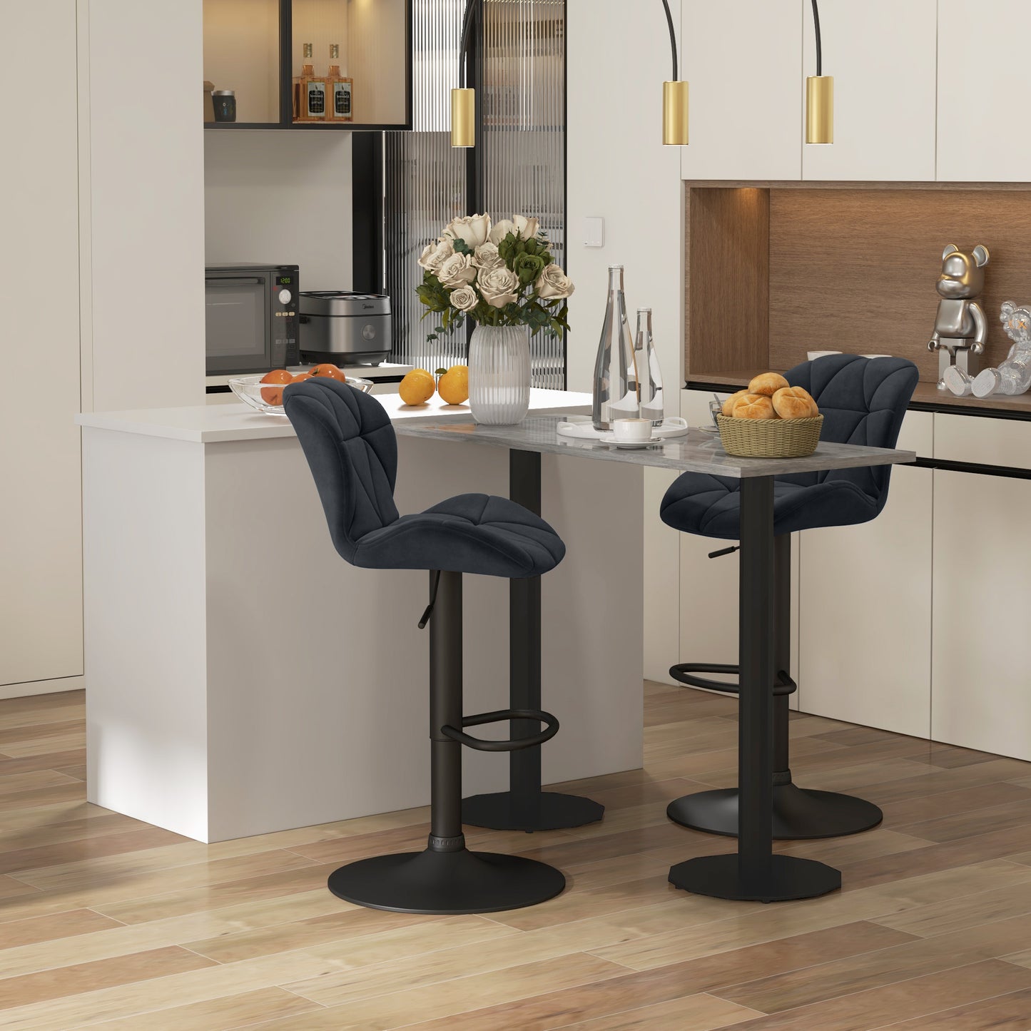 HOMCOM 2er-Set Barhocker drehbare Barstühle mit Lehne höhenverstellbarer Bistrohocker Tresenhocker Samt Touch armloser Schaumstoff Schwarz 51,5x 57,5 x 93-114,5 cm