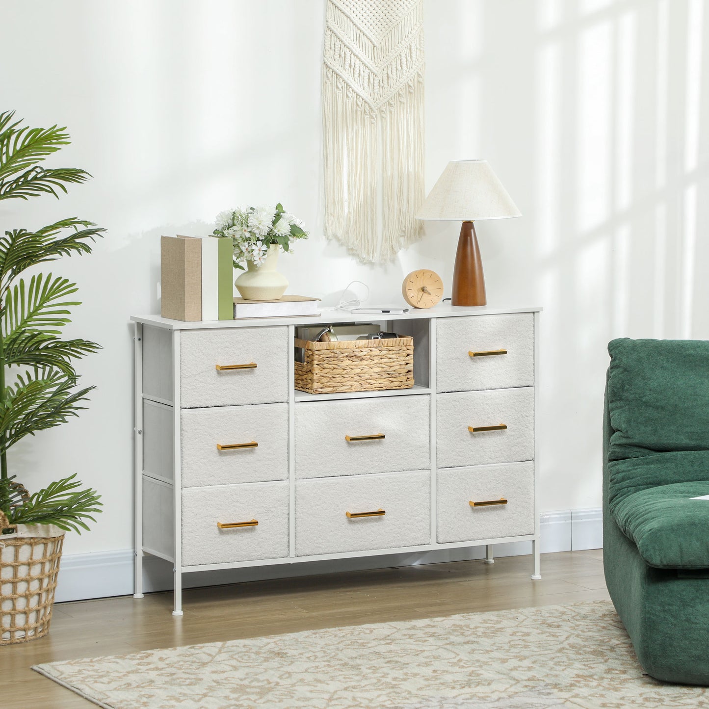 HOMCOM Kommode، Aufbewahrungsschrank mit 8 Schubladen aus Stoff، Steckdosenleiste، Stahlrahmen، Schubladenschrank für Flur، Schlafzimmer، Wohnzimmer und Büro، Cremeweiß