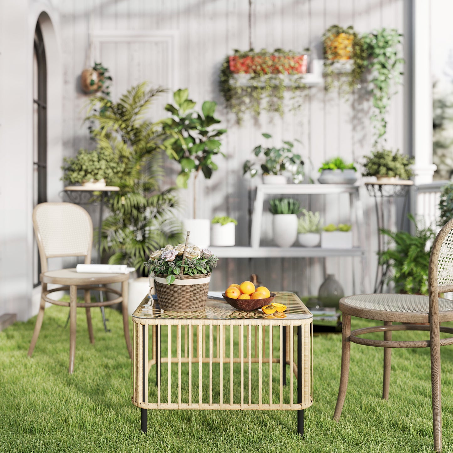 Outsunny Polyrattan Gartentisch, 65 x 65 x 43 cm, wetterfest Beistelltisch quadrarisch mit Glasplatte Naturholz