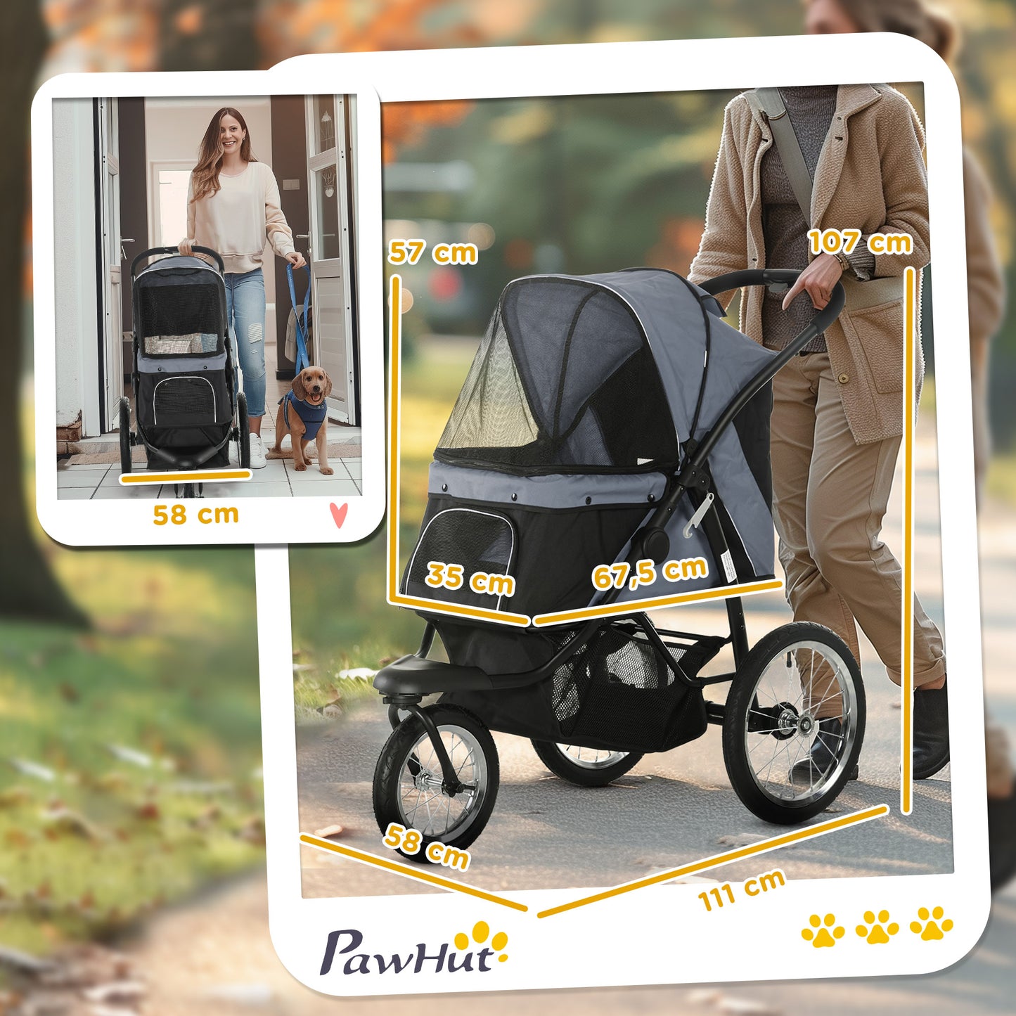 PawHut Hundewagen Hundetrolley mit Jogger-Funktion bis 20 kg Klappbar Netzfenster, Ablagekorb, Grau, 111 x 58 x 107 cm
