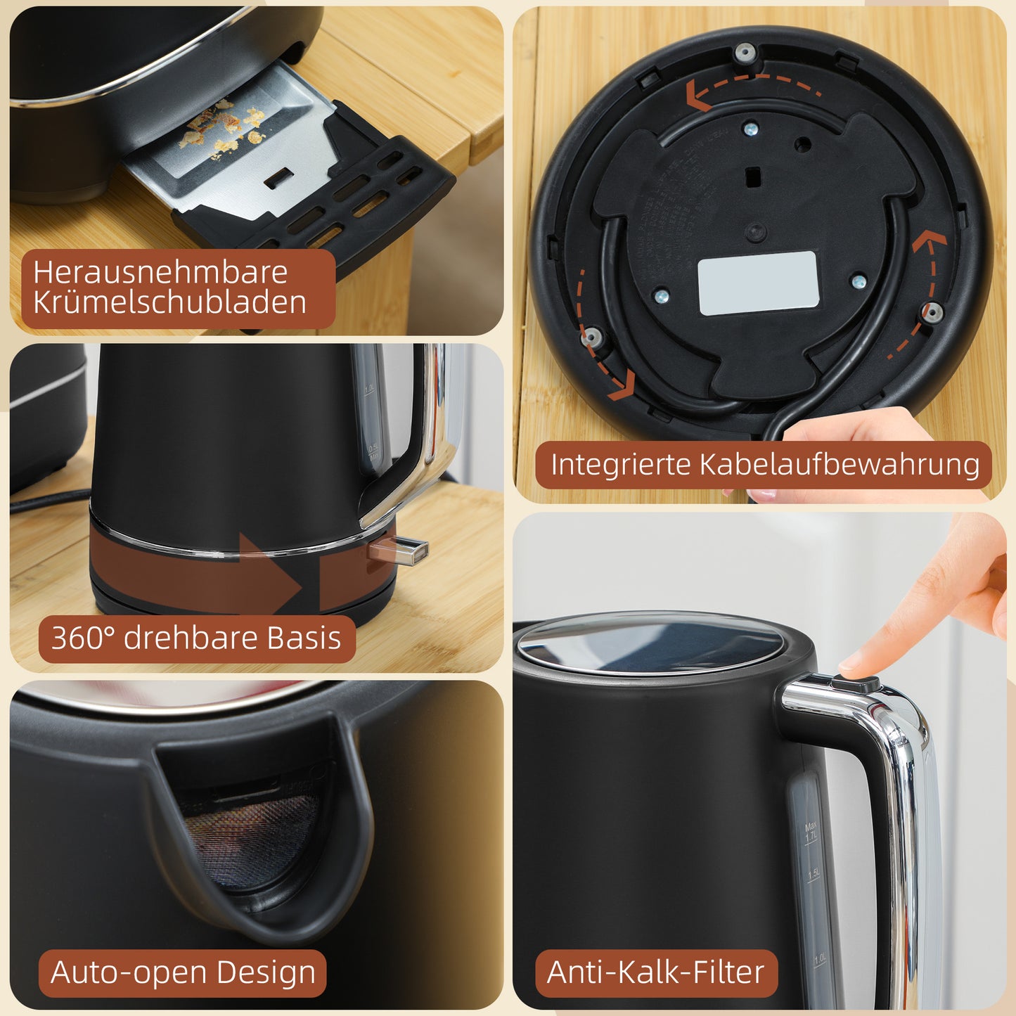 HOMCOM Set aus 1,7 L Wasserkocher und Toaster mit 6 Bräunungsstufen, Schwarz/Stahl