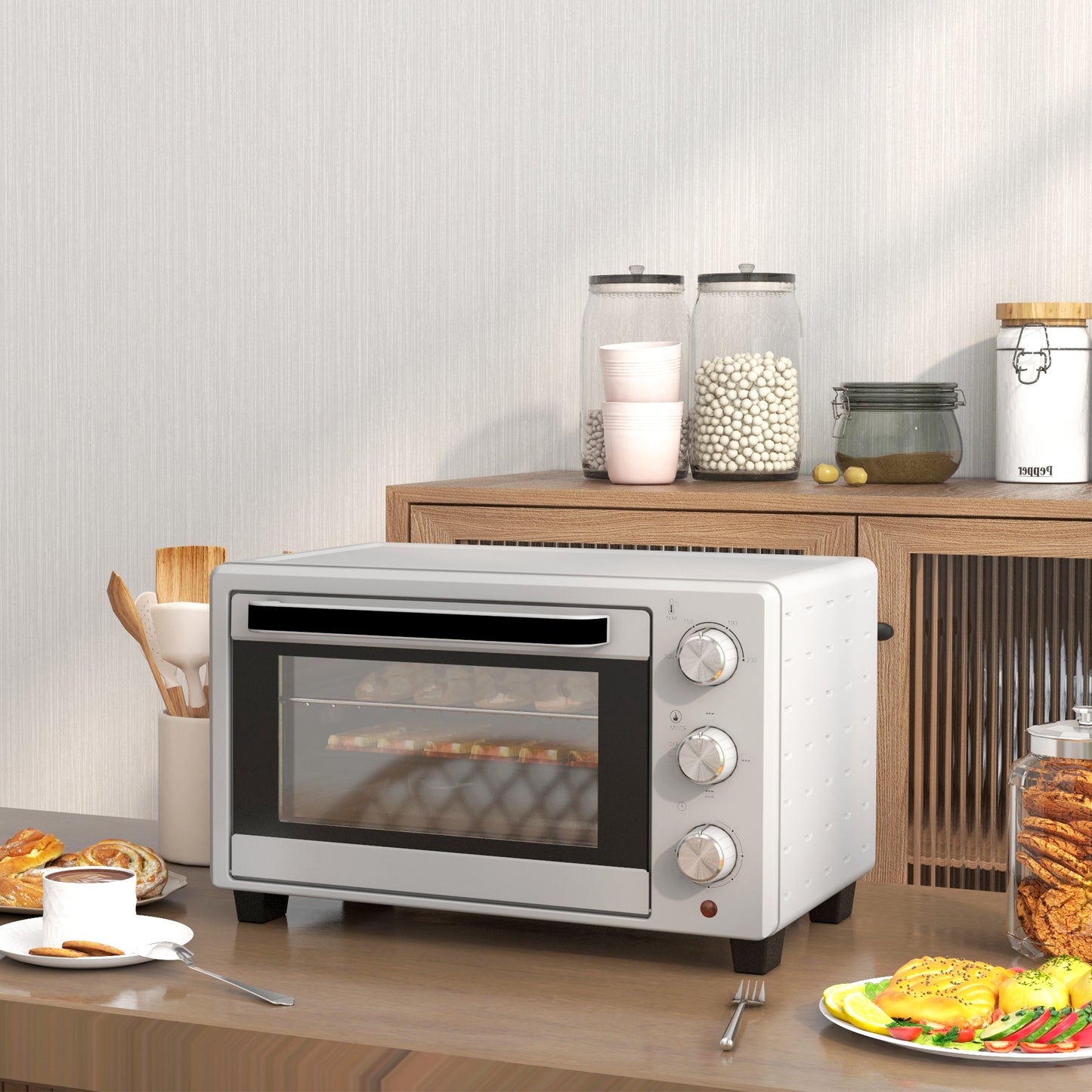 HOMCOM Minibackofen, 21 L Toasterofen mit 1 Drahtgestell und 1 Backblech, 3 Kochmodi, 100 °C-230 °C, Edelstahl, Glas, Silber