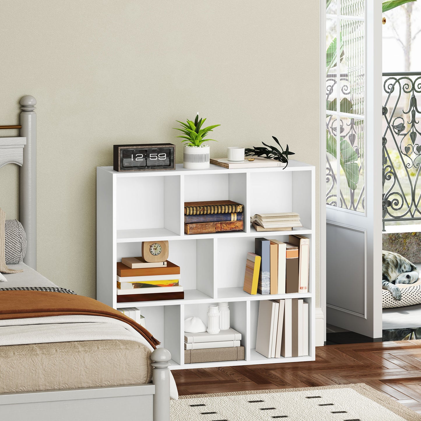 HOMCOM 3-Ebenen-Bücherregal, 8 Fächer, Spanplatte, Aufbewahrungsregal, Weiß