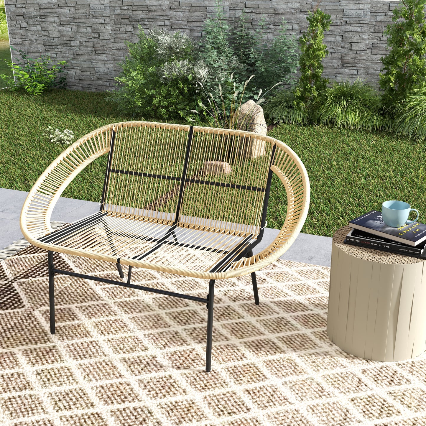 Outsunny 2-Sitzer Gartenbank Polyrattan، Wetterfest Sitzbank im Rattanflecht-Design، UV-Beständig 260kg belast Khaki