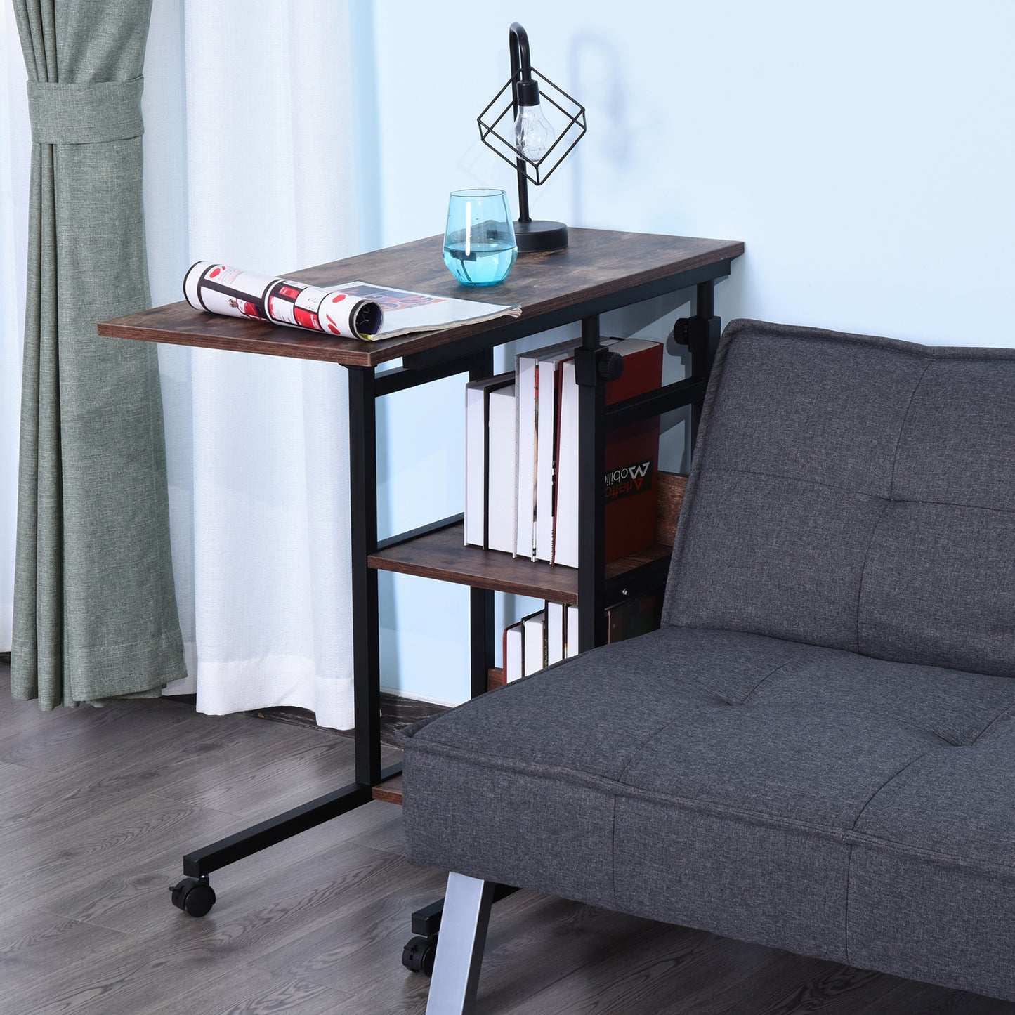HOMCOM Beistelltisch mit Rollen, höhenverstellbar, kompakt, 2 Ablageböden, Metallrahmen, 80x40x72-82 cm, Braun/Schwarz