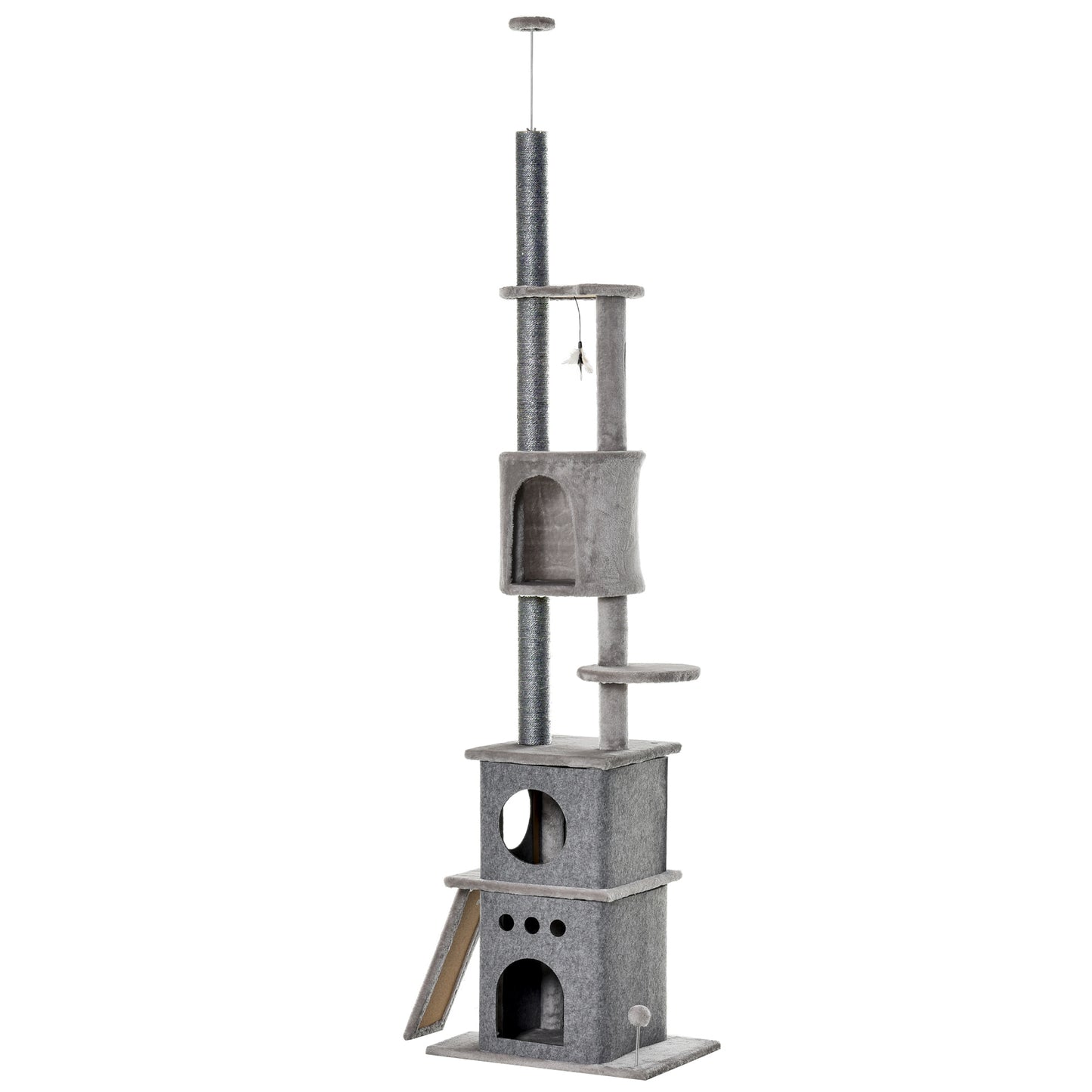 PawHut Kratzbaum Katzenbaum Deckenhoch Kletterbaum mit Katzenspielzeug Sisal Plüsch Hellgrau höhenverstellbar 60 x 40 x 225-255 cm