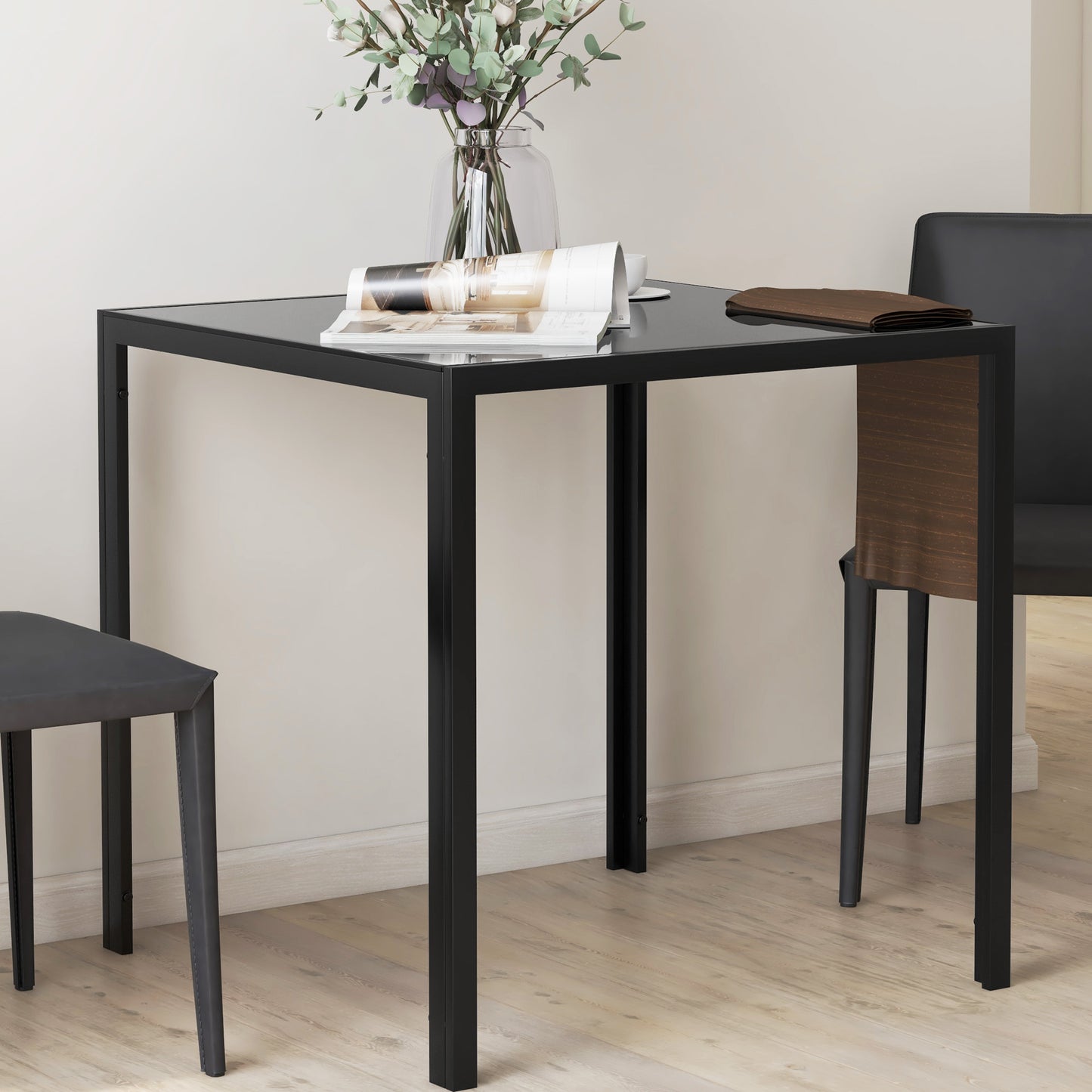 HOMCOM Quadratischer Esstisch für 4 Personen, Tischplatte aus Hartglas, für Küche und Esszimmer, 75 x 75 x 75 cm, Schwarz