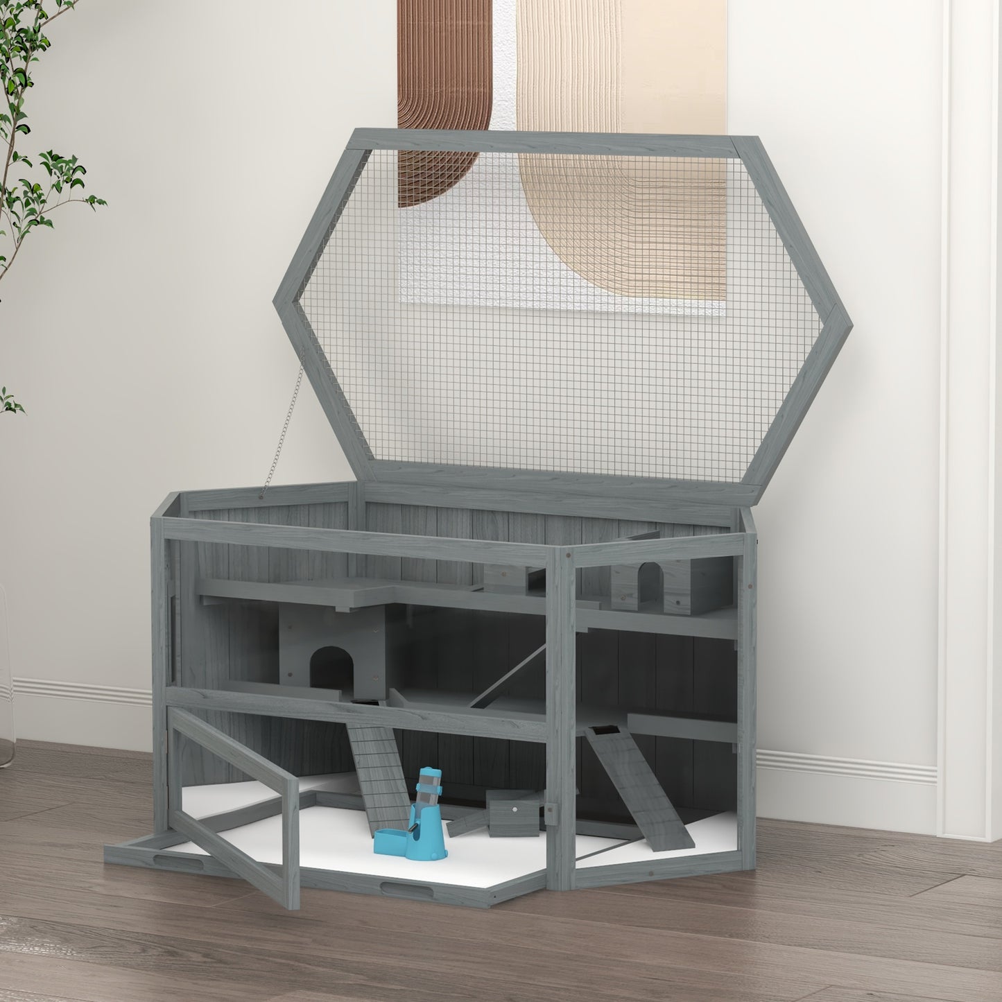PawHut Hamsterkäfig, 3 Etagen, herausnehmbare Wanne, Holz/Metall, 115x60x55 cm