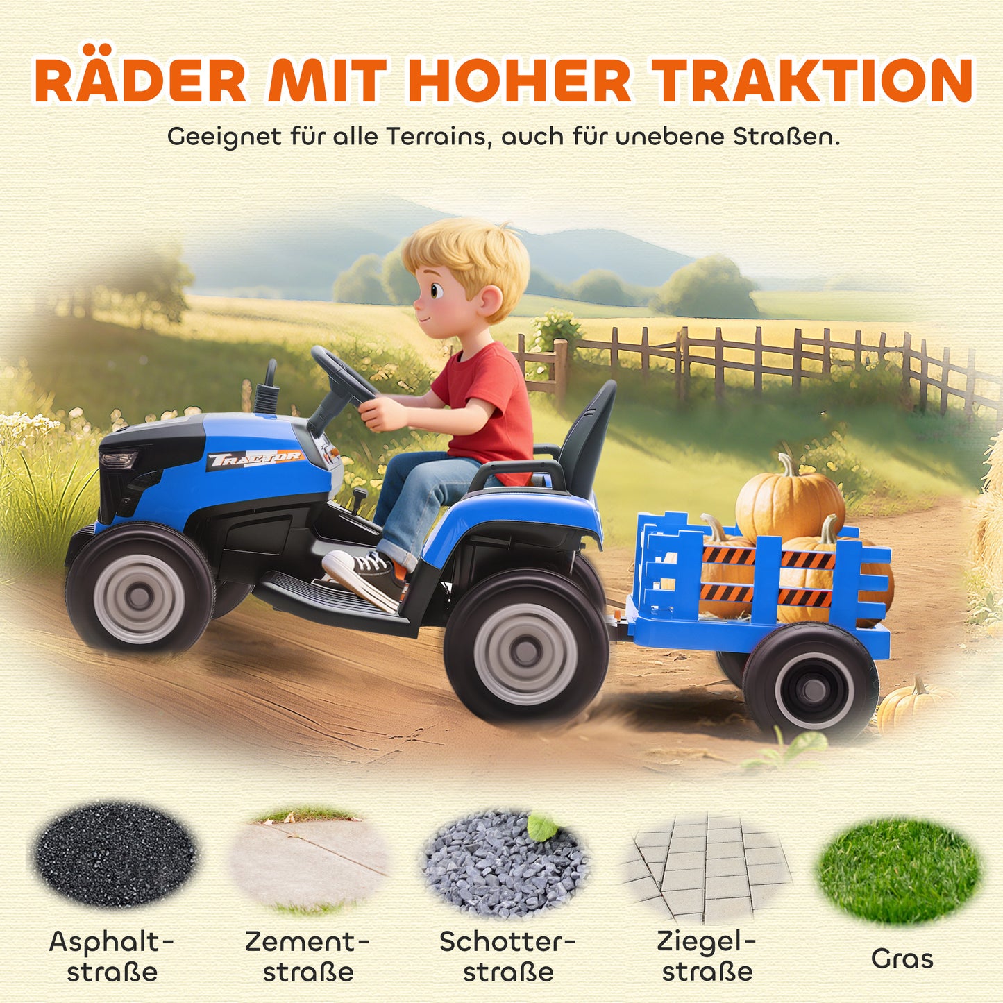AIYAPLAY Elektrischer Kindertraktor, Aufsitz-Traktor mit Fernbedienung, Soft-Start, für Kinder im Alter von 3-8 Jahren, Blau