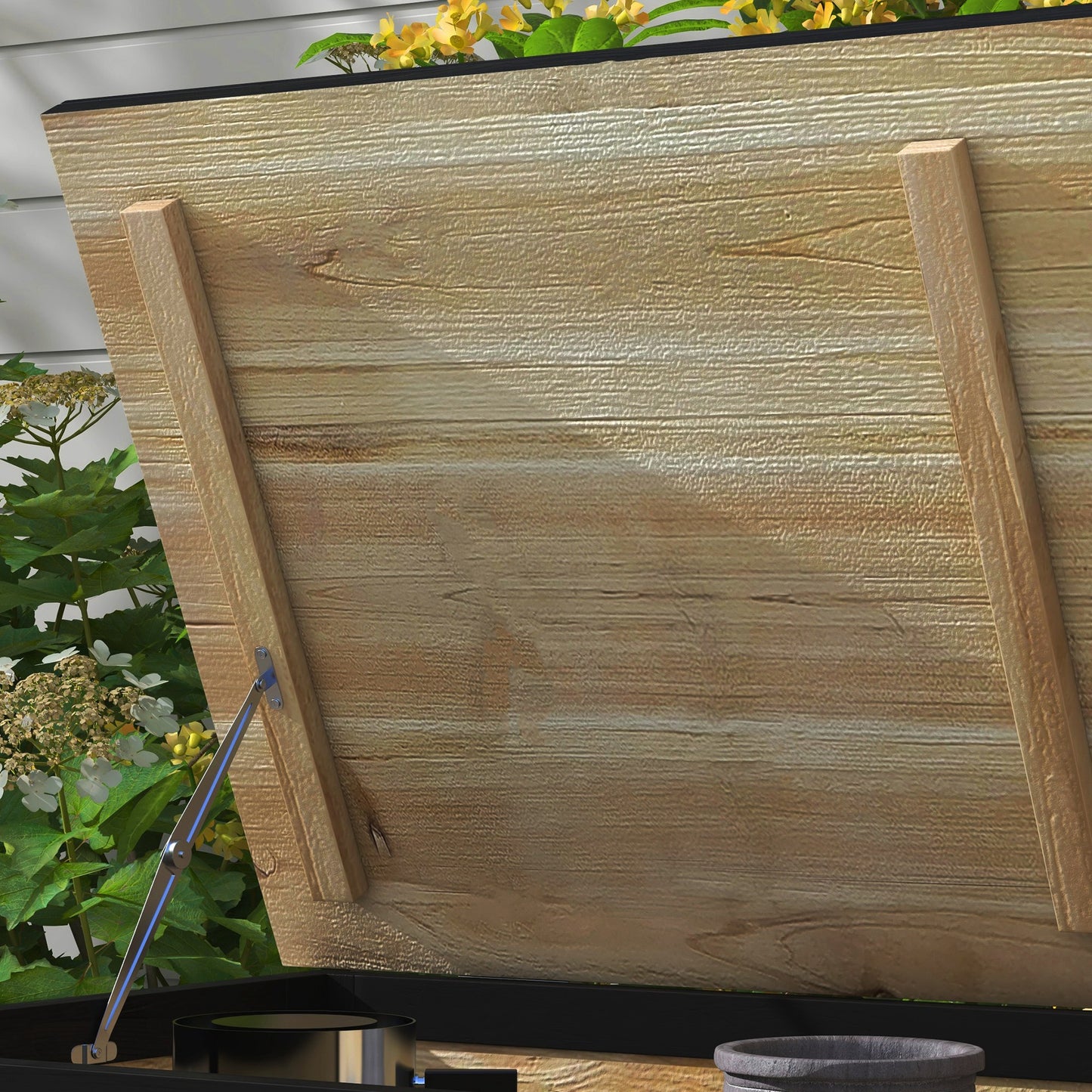 Outsunny Garten-Aufbewahrungsbox, 121 Liter, 2 Räder, wetterfest, Metallscharniere, Naturholz, 100x50x43 cm