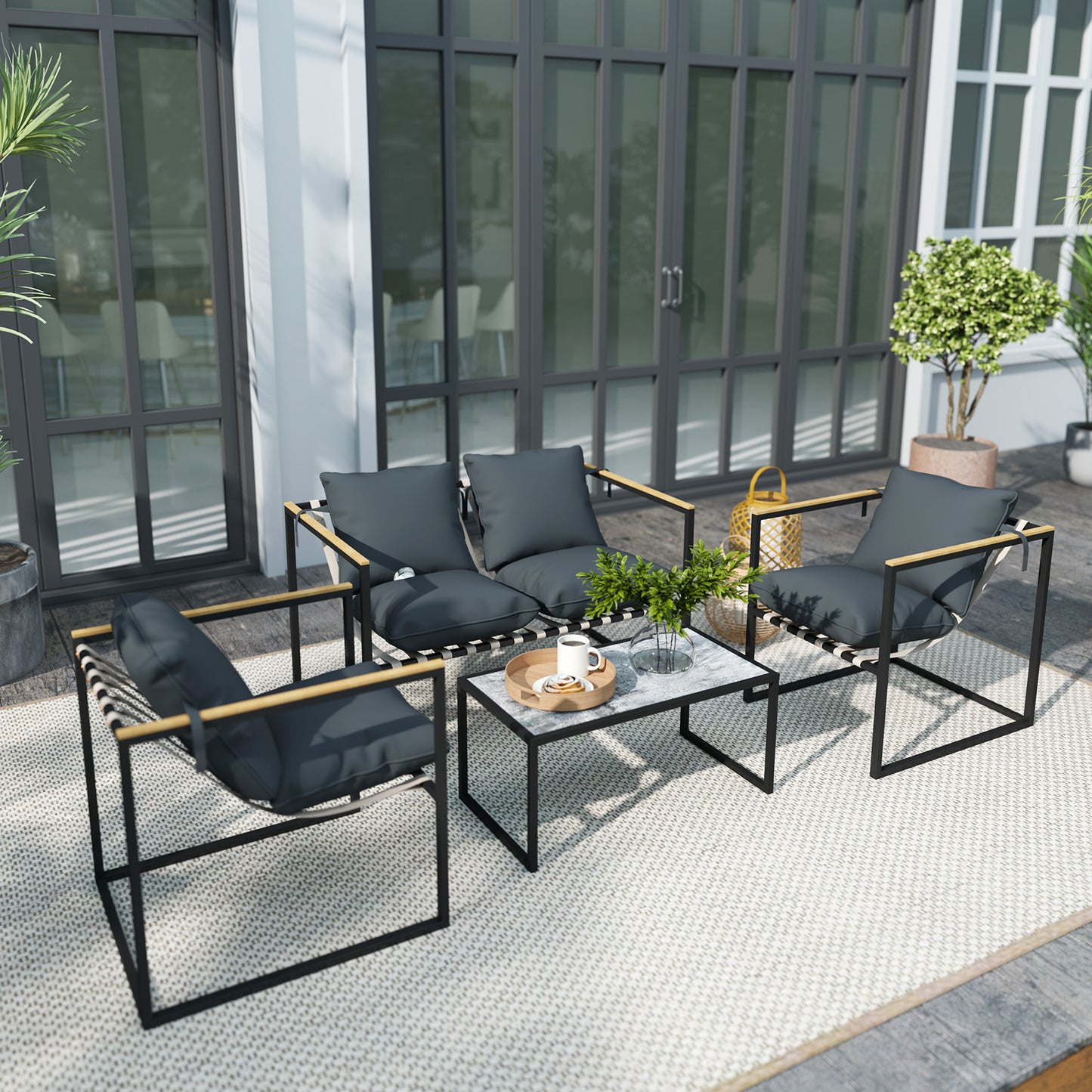 Outsunny 4-teiliges Gartenmöbelset, Outdoor-Möbel-Set, 2 Sessel, 2er Sofa, 1 Tisch, gepolstert, Stahl, Polyester, Grau