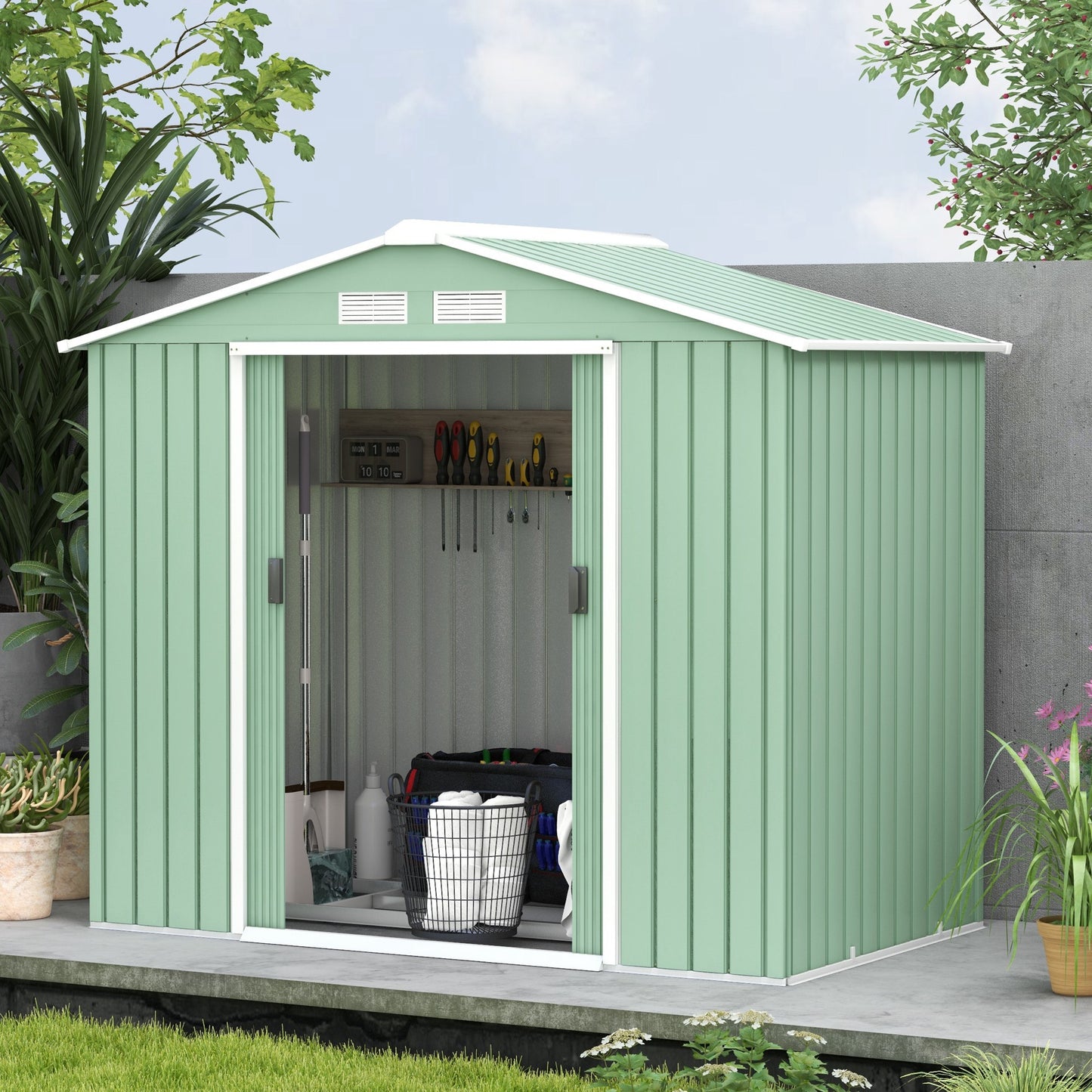 Outsunny Gartenschuppen, 2 Schiebetüren, Lüftungsfenster, Bodenrahmen, rostfrei, Stahl, hellgrün, 2,13 x 1,30 x 1,85 m