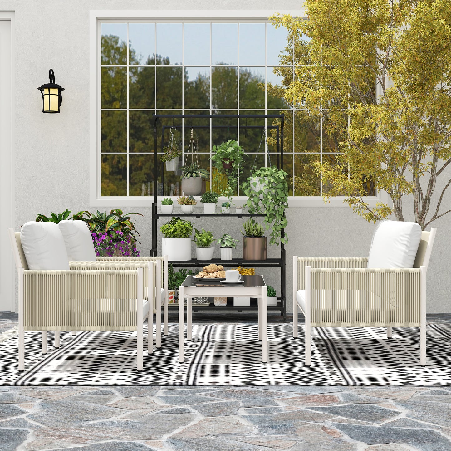Outsunny Gartenmöbel Set aus Polyrattan Lounge-Set mit 2er Sofa Sessel Glastisch Kissen 4 Personen Braun+Grau
