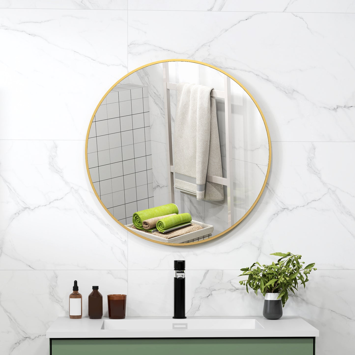 HOMCOM 70 x 70 cm runder Badezimmerspiegel, Wandmontage, goldfarbener Rahmen