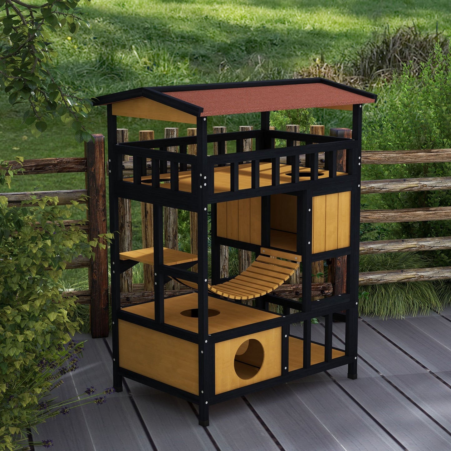 PawHut Katzenhaus, Katzenparadies mit Plattformen, Hängebrücke und Katzenhöhlen, für bis zu 2 Katzen geeignet, Holz