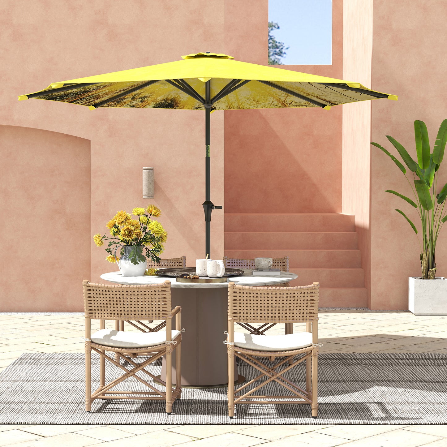 Outsunny Sonnenschirm Ø300 cm, Sonnenschirm mit Handkurbel, achteckig Balkonschirm Gelb