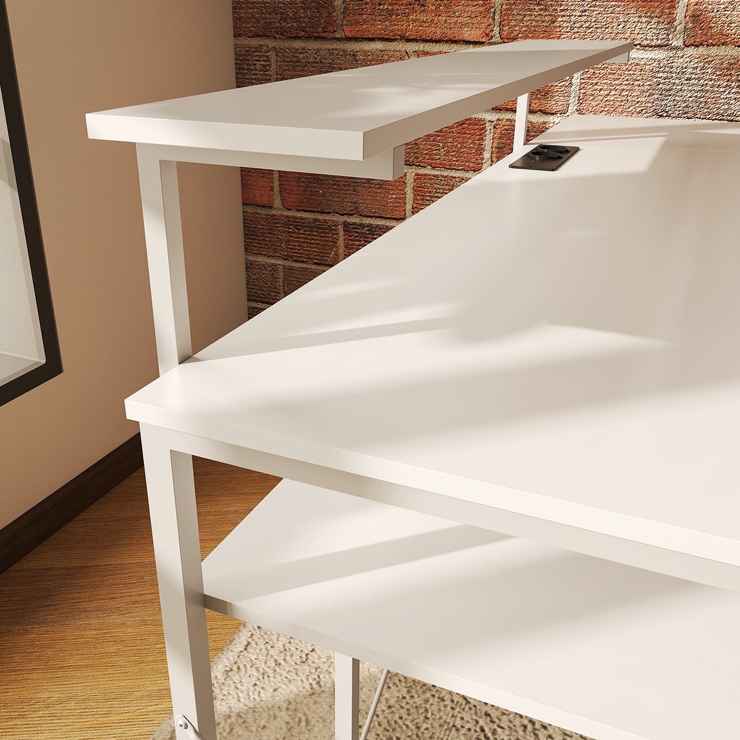 HOMCOM L-förmiger Schreibtisch mit Ladestation, Eck-Computertisch mit Monitorständer und Regalen, für Homeoffice, Büro, Weiß