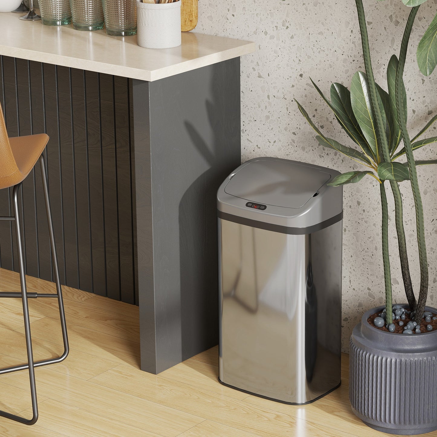 HOMCOM 48 L Sensor-Mülleimer für Küche oder Büro, automatische Schließ-Funktion, Edelstahl, Silberton