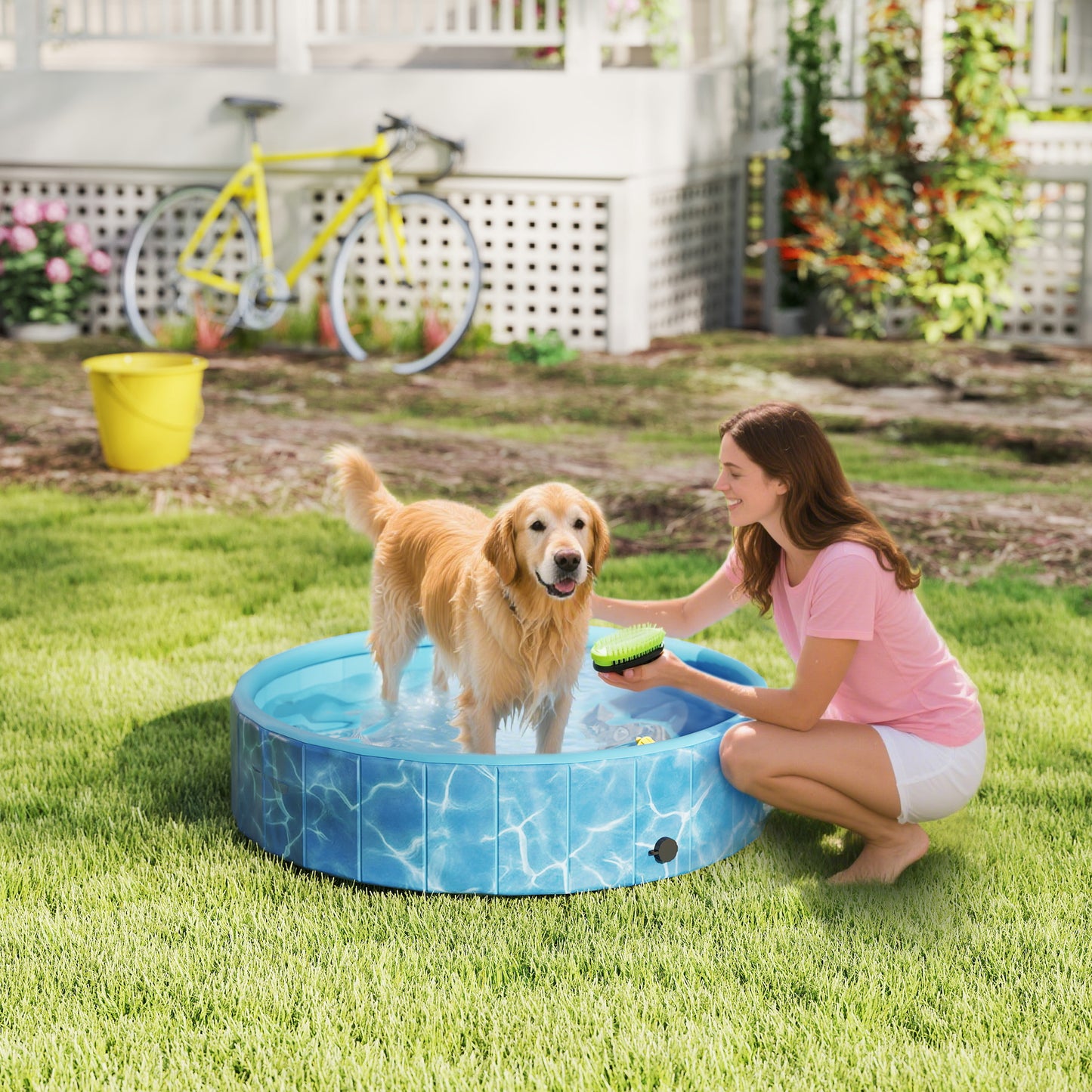 PawHut Hundepool Faltbar Planschbecken mit Brunnen- und Wasserpolsterdesign Ø120 x 30 cm Blau