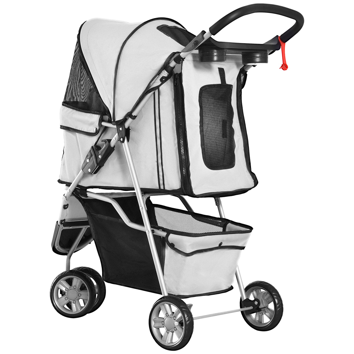 PawHut Hundewagen Hundebuggy bis 10 kg Klappbar Bodenkorb 2 Becherhalter verstellbares Vordach Grau