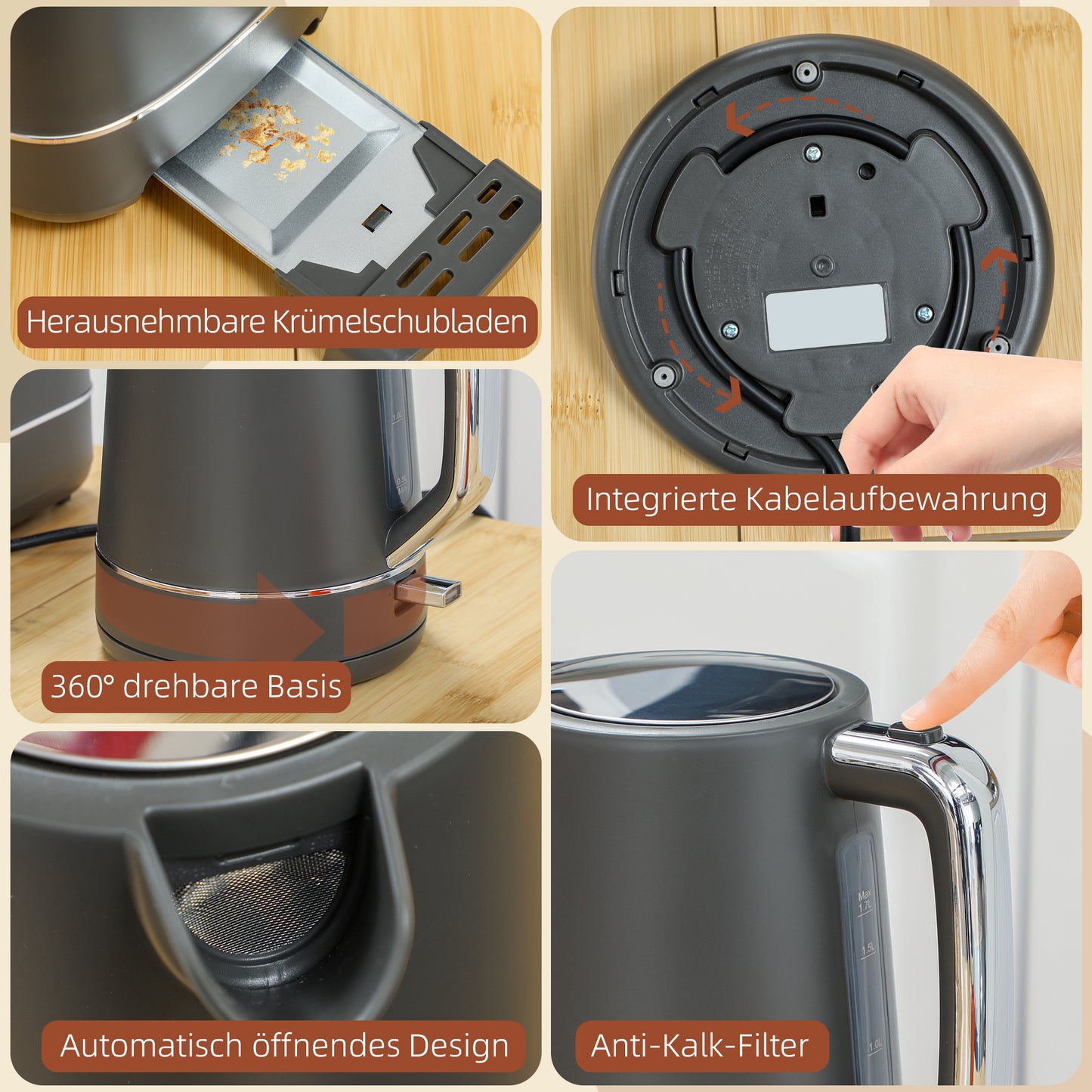 HOMCOM Set aus 1,7 L Wasserkocher und Toaster mit 6 Bräunungsstufen, Grau