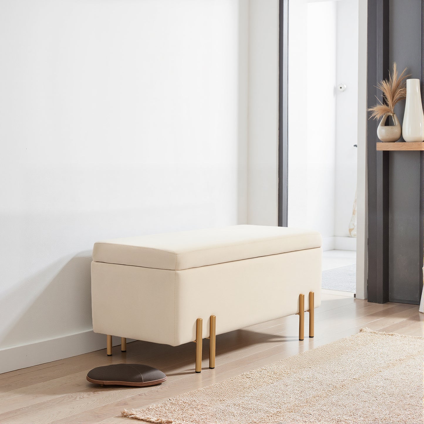 HOMCOM Polsterbank mit Stauraum, Truhenbank, Schaumstoff, Metall, Kautschukholz, 100 x 40 x 42 cm, Beige