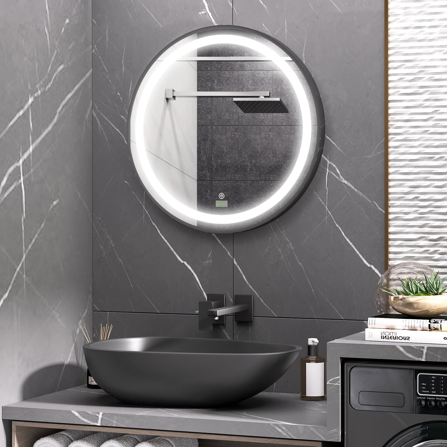 kleankin Badezimmerspiegel, LED-Beleuchtung, dimmbar, 3 Lichtfarben, Metallrahmen, Ø60 cm, Schwarz