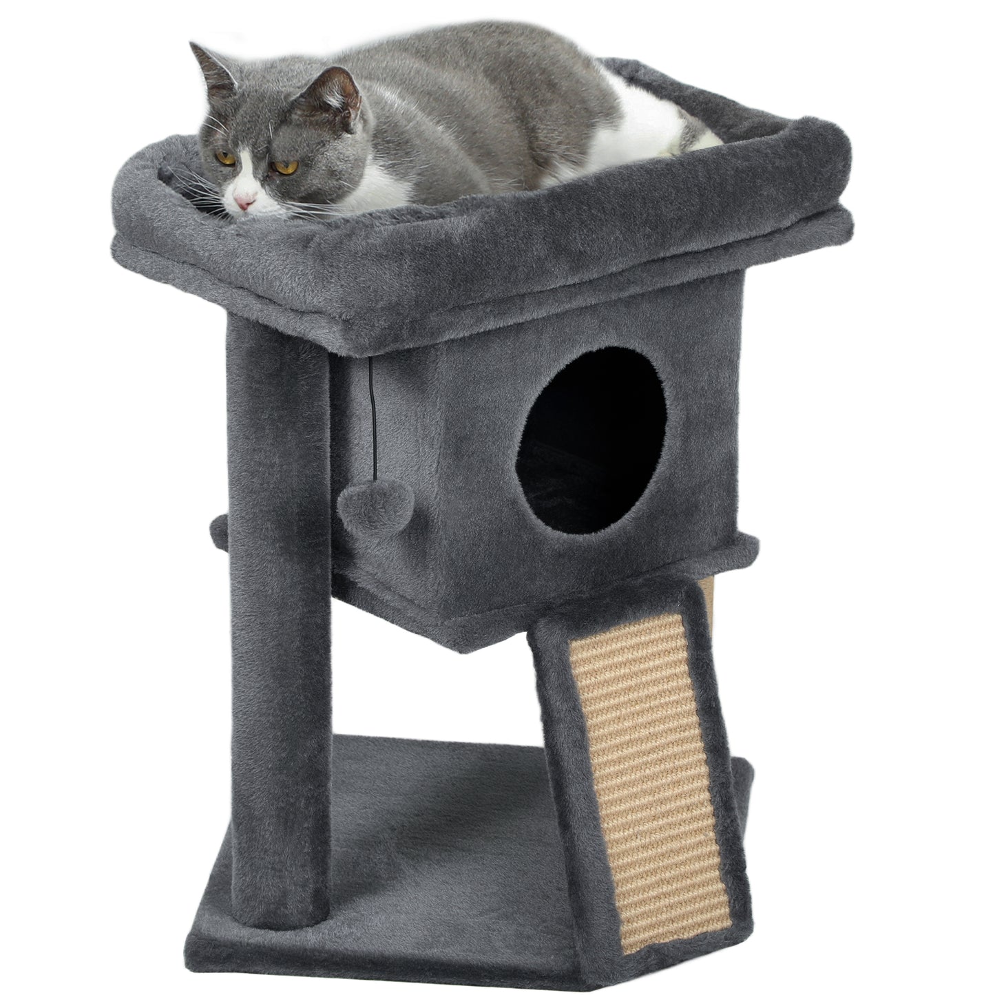 PawHut Kratzbaum mit Jute-Kratzmatte, Liegeplattform, Spielball, Katzenhaus, Beige, 40 x 40 x 57 cm