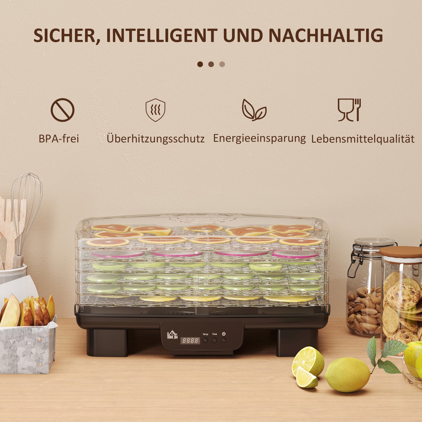 HOMCOM Dörrautomat, 6 Ebenen, Heißluftzirkulation, 40-70℃, 43 x 29,5 x 28 cm, Schwarz