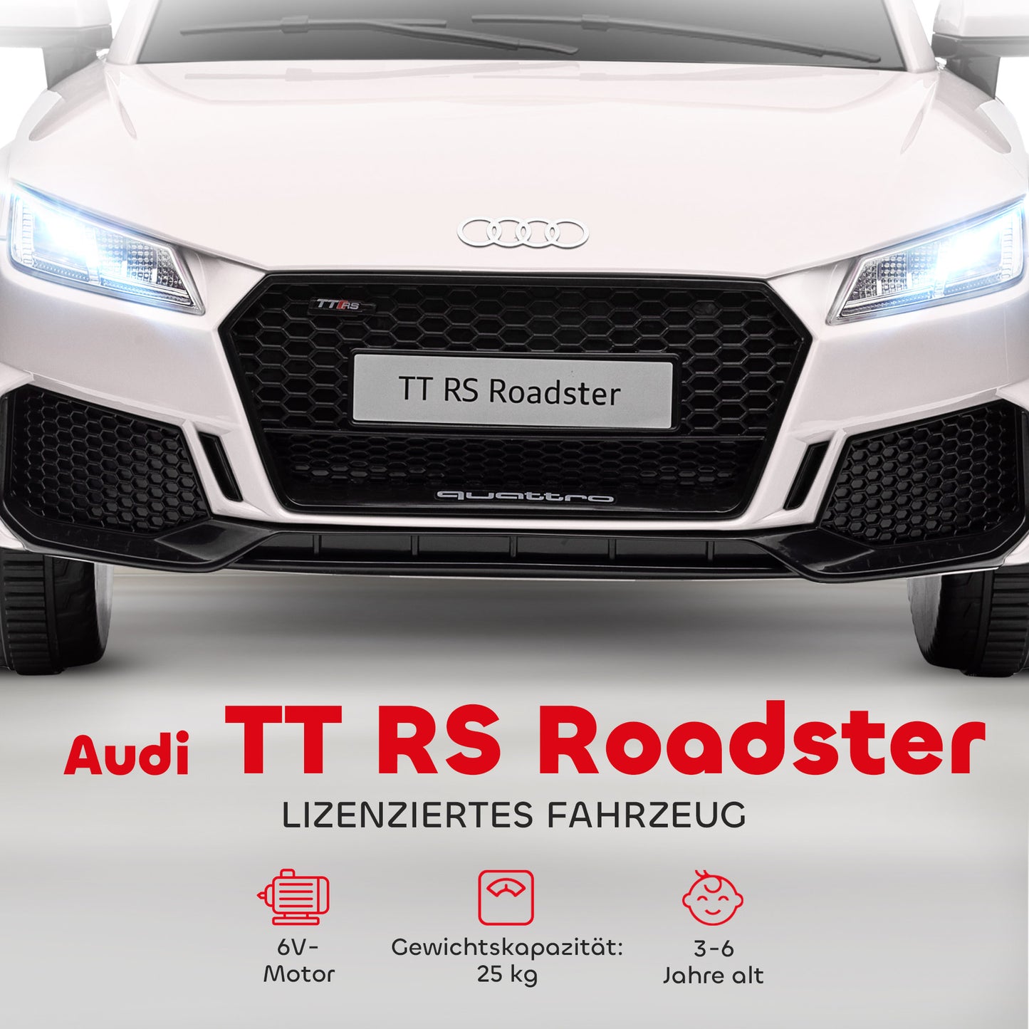 HOMCOM Kinder-Elektroauto, Audi TT RS Roadster, 3 km/h, Fernbedienung, LED, USB, Weiß
