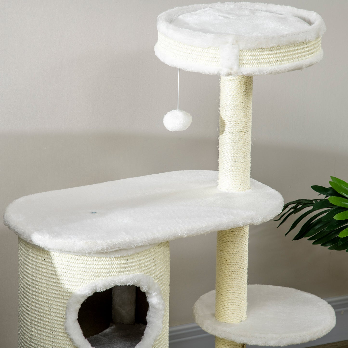 PawHut Kratzbaum mit Kratztonne, 1 Katzenbett und Katzenspielzeug, 59 cm x 35 cm x 100 cm, Cremeweiß