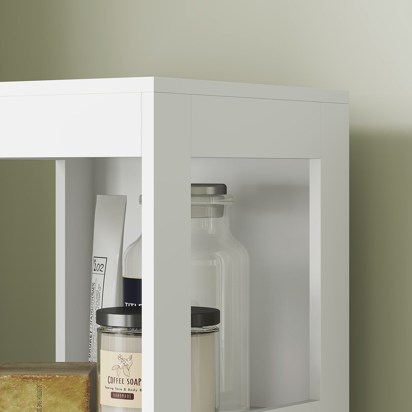 HOMCOM Badezimmerschrank, Kompaktes Badezimmerregal mit 2 Schubladen und 3 offenen Fächern, Freistehendes Badregal, MDF, Weiß