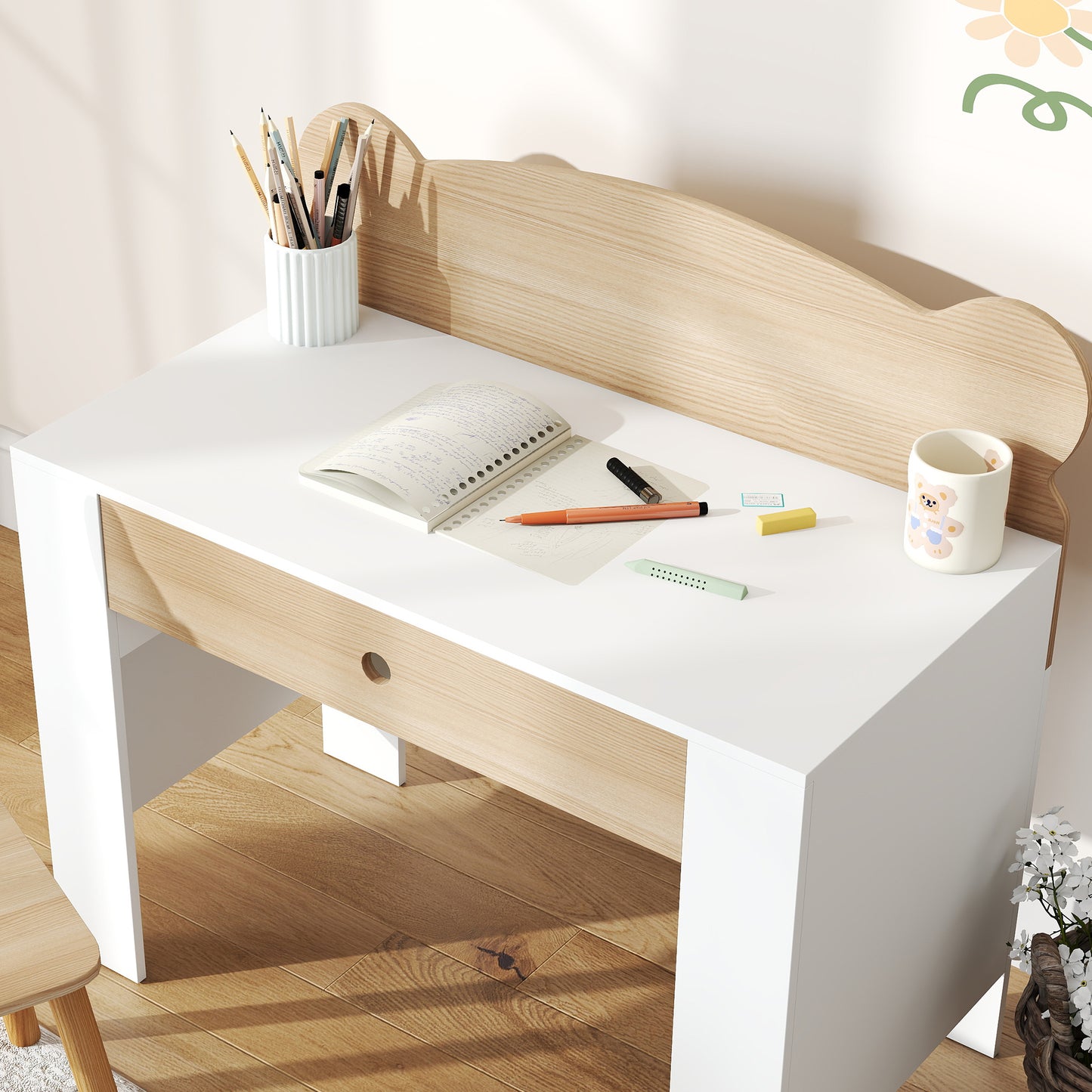 AIYAPLAY Schreibtisch-Set für Kinder, Arbeitstisch und Stuhl mit Bärenform, Schublade, zum Schreiben und Basteln, 3-8 سنوات, Naturholz