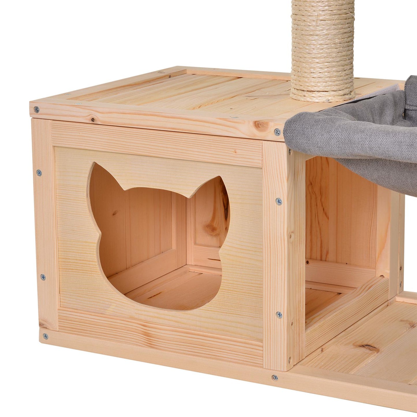 PawHut Katzenhaus mit Hängematte، Katzenkiste mit Sisalstamm، Katzenhöhle، Katzenbaum، Katzenaktivitätszentrum، Tannenholz، Natur، 70 × 35 × 60 سم