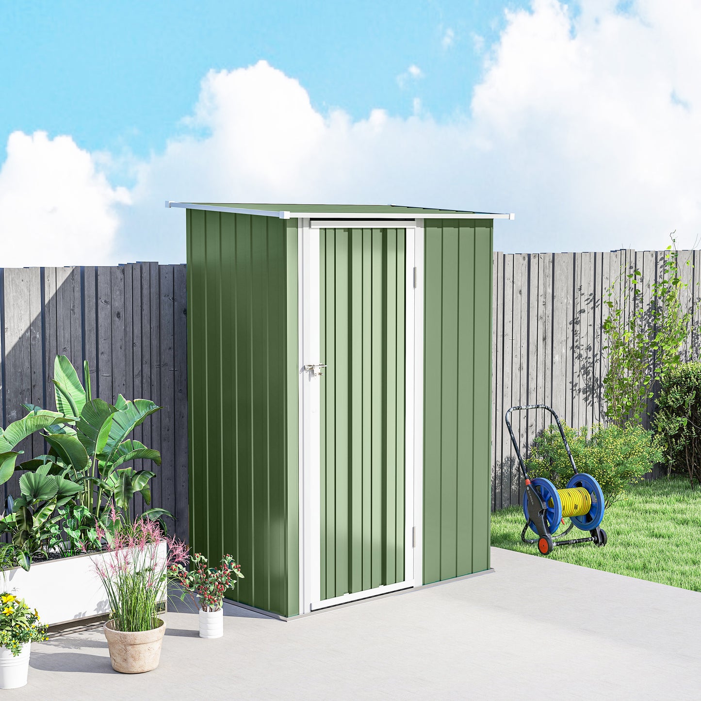 Outsunny Metall Gerätehaus 1,07 m² mit Schrägdach, 142 x 84 x 189 cm Geräteschuppen mit abschließbar Tür, Garten Schuppen, Gartenhaus Grün