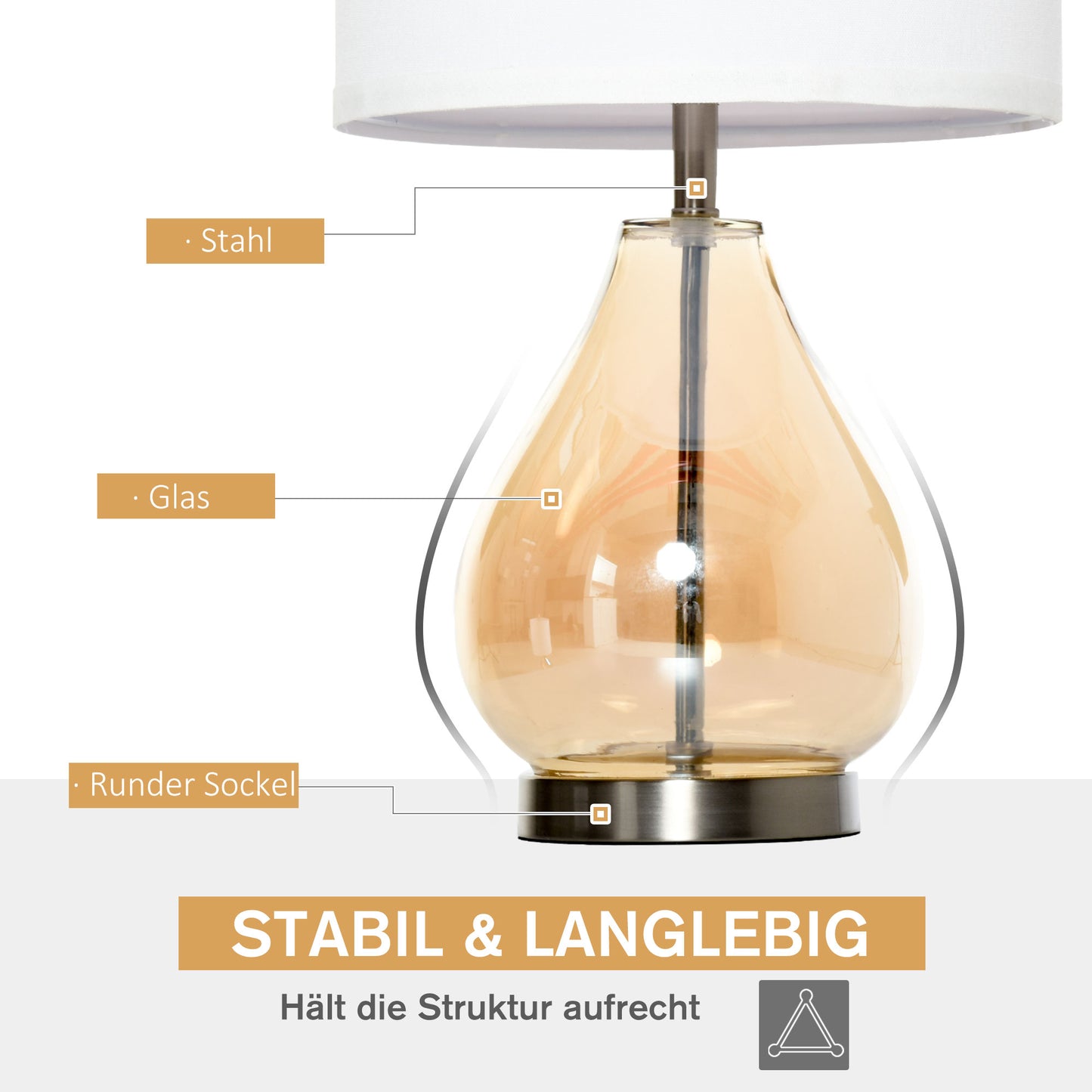 HOMCOM 2-Set Tischlampen Tischleuchten E27-Fassung Nachttischlampe 40 W Glas Leinen Metall Bernstein Ø30 x 56H cm