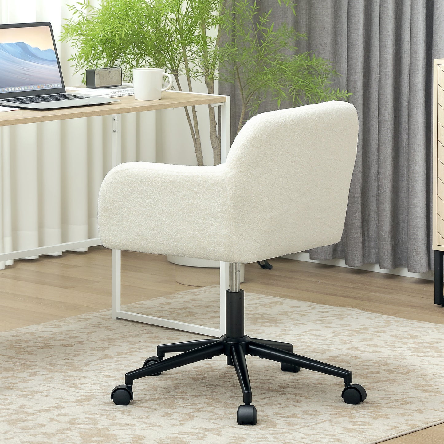 HOMCOM Drehbarer Burostuhl mit Rollen، Schreibtischstuhl، Fleece-Stoff، Schaumstoff، höhenverstellbar، Homeoffice، Cremeweiß