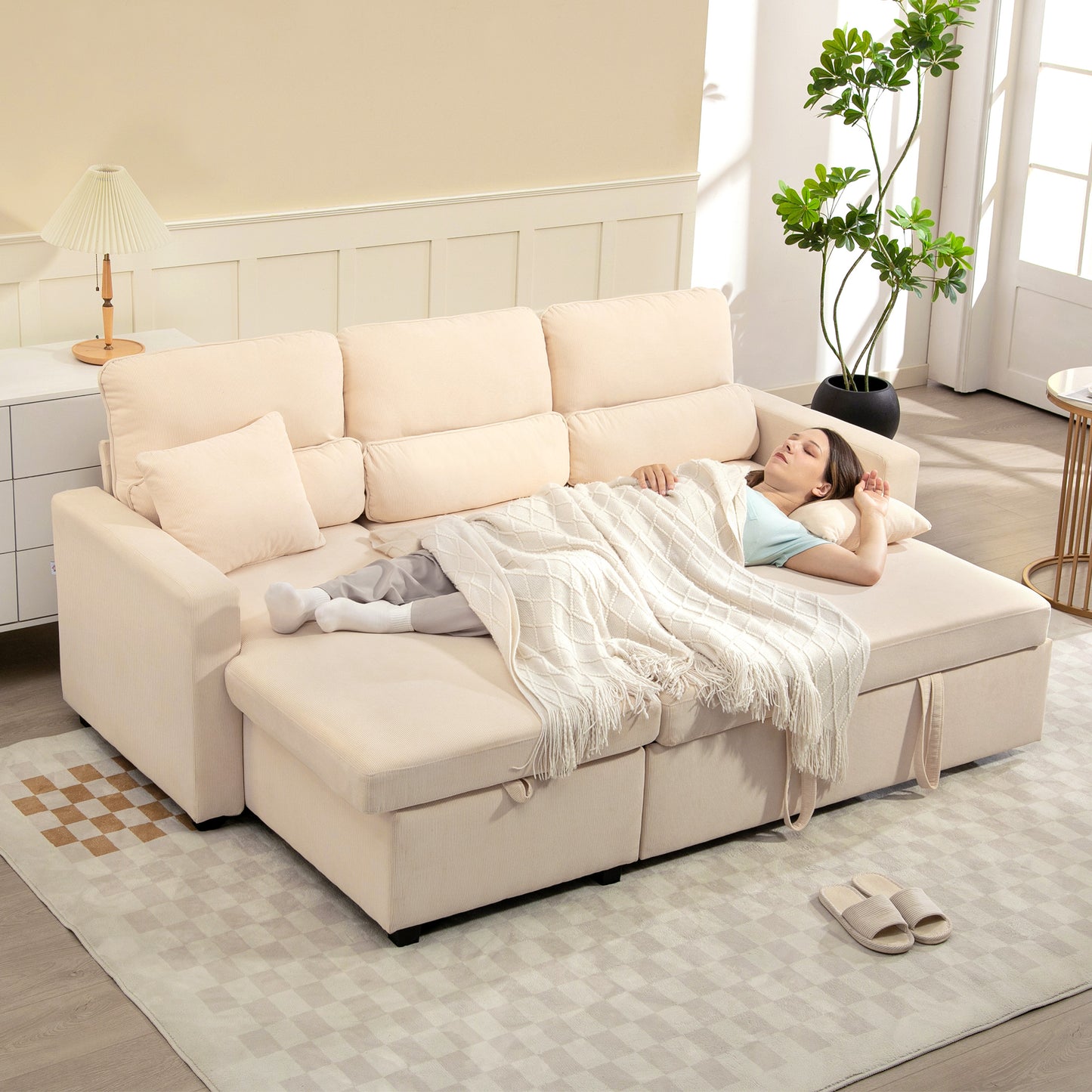 HOMCOM Verstellbares Bettsofa, L-förmiges Gästesofa mit Bettfunktion, Stauraum, Kissen, für Wohnzimmer, Gästezimmer, Beige