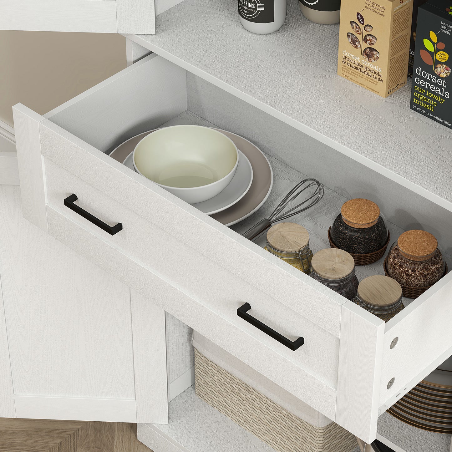 HOMCOM Küchenschrank, Buffet, Acrylfront, Schubladen, 76 x 40 x 182,5 cm, Cremeweiß