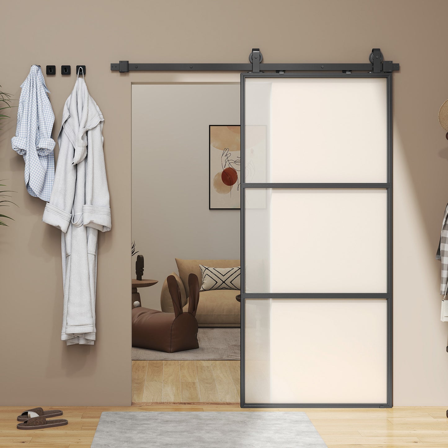 HOMCOM Schiebetür mit Milchglas, Schienensystem, Montagesatz, Soft-Close-Mechanismus, leichter Zusammenbau, Stahl, Schwarz